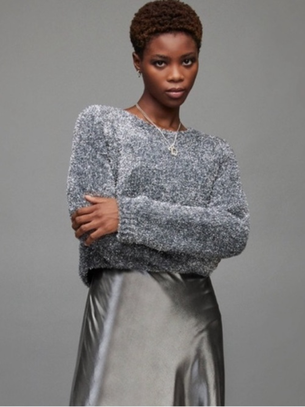All Saints Rosetta Tinsel Crop Sweater Small Silver
